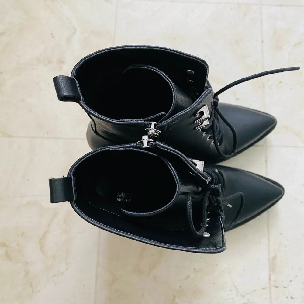 $295 NWOT Michael Kors Black Leather Kyle Lace-up Pointed Toe Edgy Ankle Boots 7